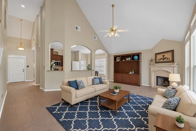 a living room with furniture a rug and a fireplace