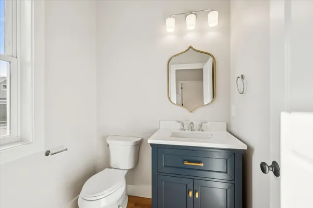 a bathroom with a toilet sink vanity and mirror