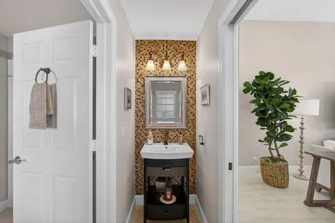 a bathroom with a potted plant and a sink