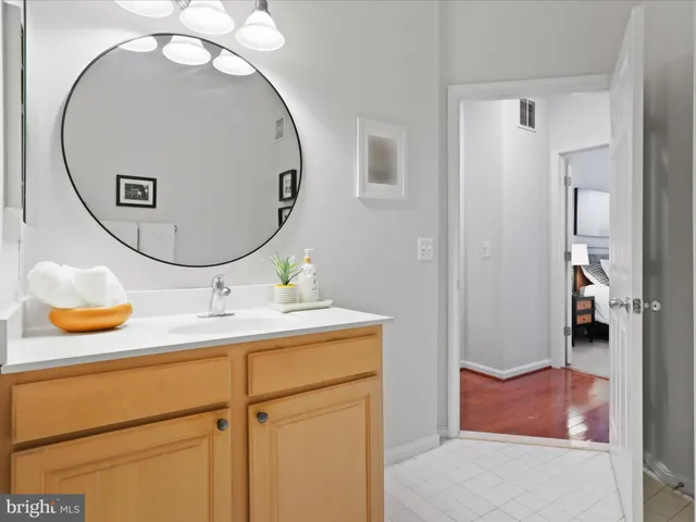 a bathroom with a sink mirror and vanity