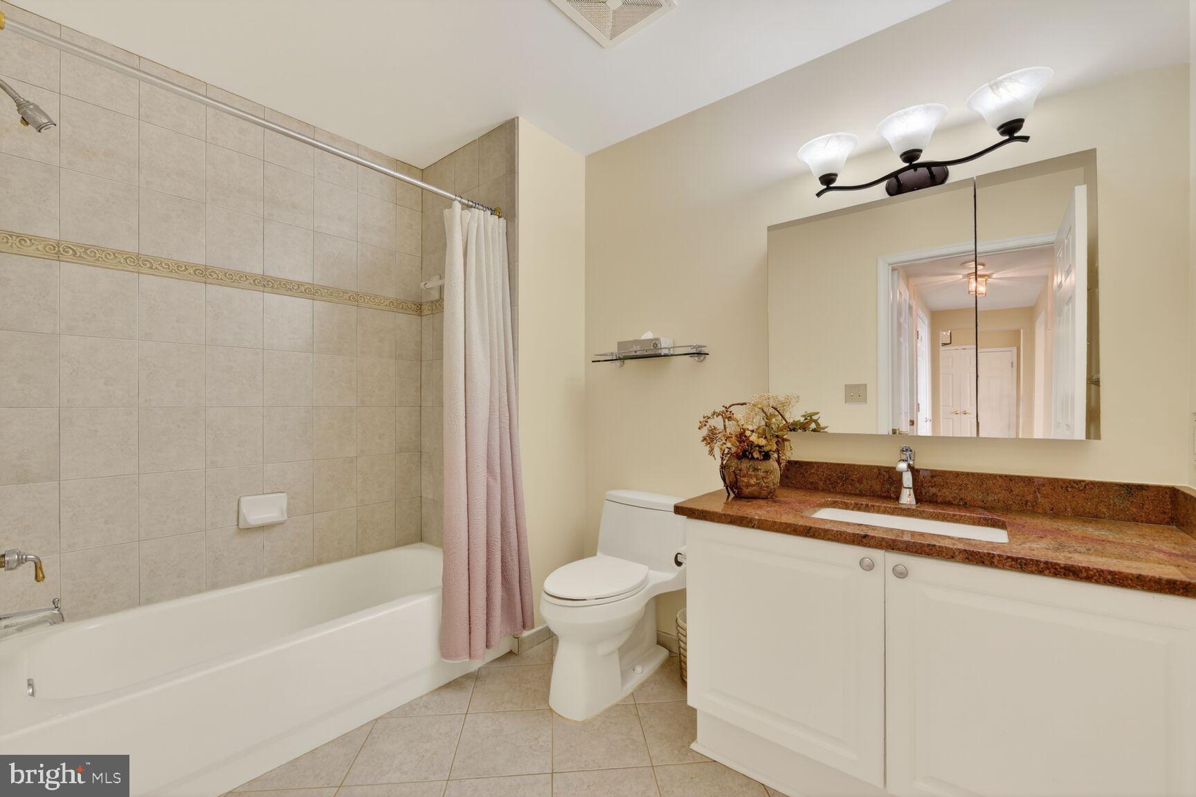 11776 Stratford House Place, Unit 502 Reston, VA 20190 - Photo 21 of 35 a bathroom with a granite countertop sink a toilet and shower