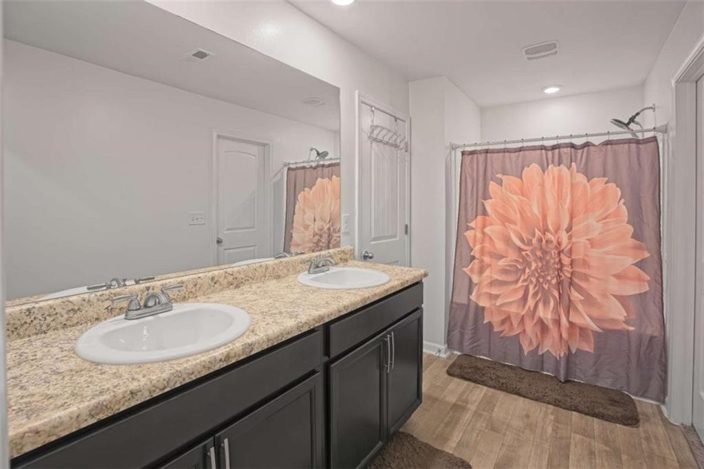 12001 Guelph Circle Hampton, GA 30228 - Photo 19 of 31 a bathroom with a granite countertop sink and a mirror