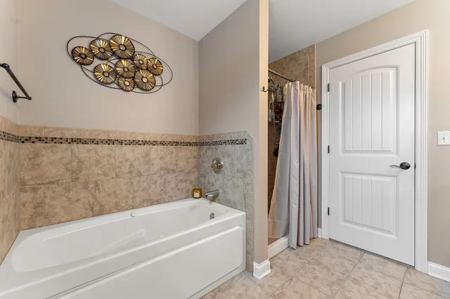 a bathroom with a bathtub and a shower