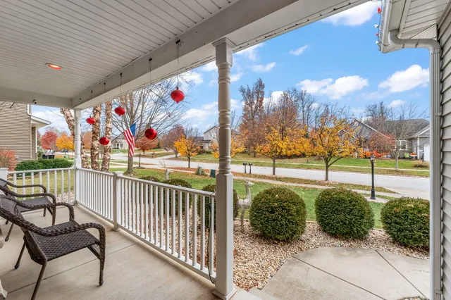 a view of a chairs in front of building