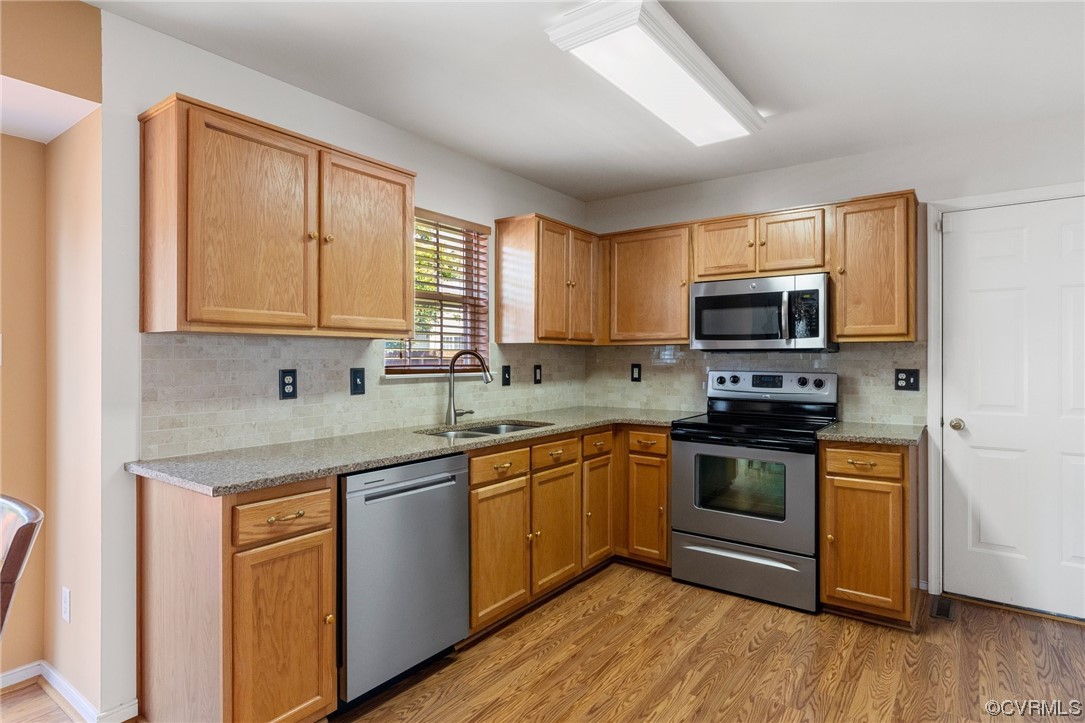 6708 Gills Gate Court Chesterfield, VA 23832 - Photo 12 of 34 a kitchen with stainless steel appliances granite countertop a sink stove microwave and refrigerator