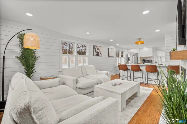 a living room with furniture and a potted plant