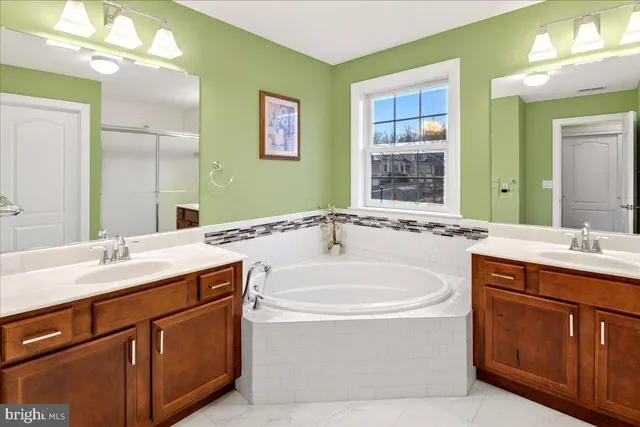 a bathroom with a double vanity sink a mirror and a bathtub