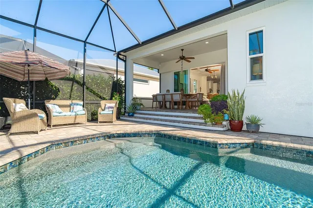 a view of a house with backyard and sitting area