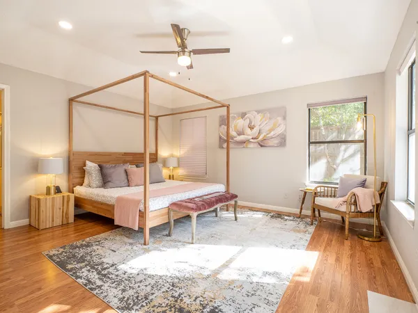 a living room with furniture and a table
