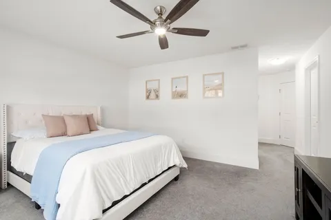 a bedroom with a bed and a ceiling fan