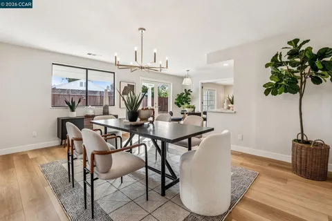 a view of a dining room with furniture and a potted plant