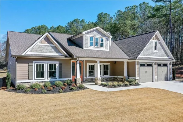 a front view of a house with yard and green space