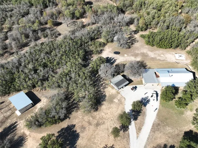 a view of a dry yard with trees