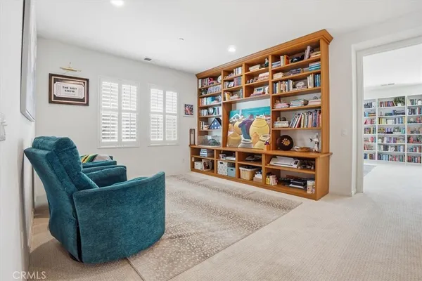 a living room with furniture and a book shelf