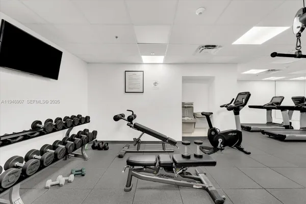a view of a room with gym equipment