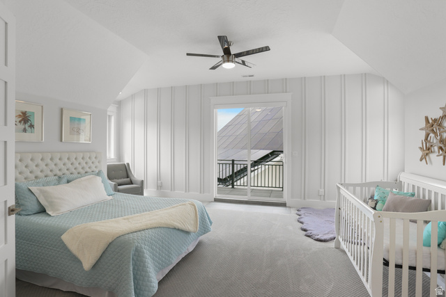 1354 South 800 East Mapleton, UT 84664 - Photo 67 of 129 Bedroom featuring vaulted ceiling, a ceiling fan, and access to outside