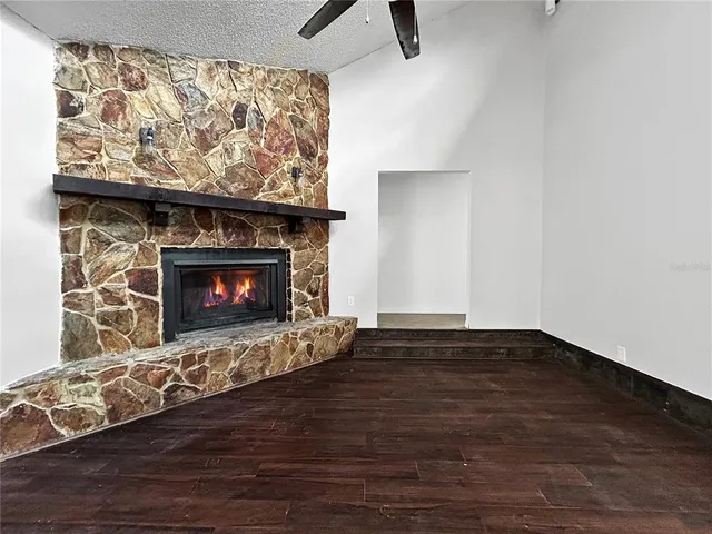 a living room with a fireplace