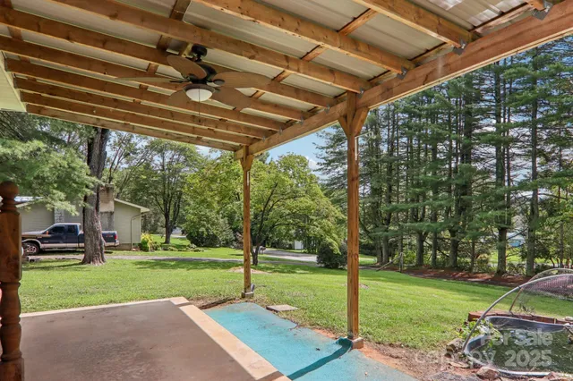 a view of a porch with a backyard