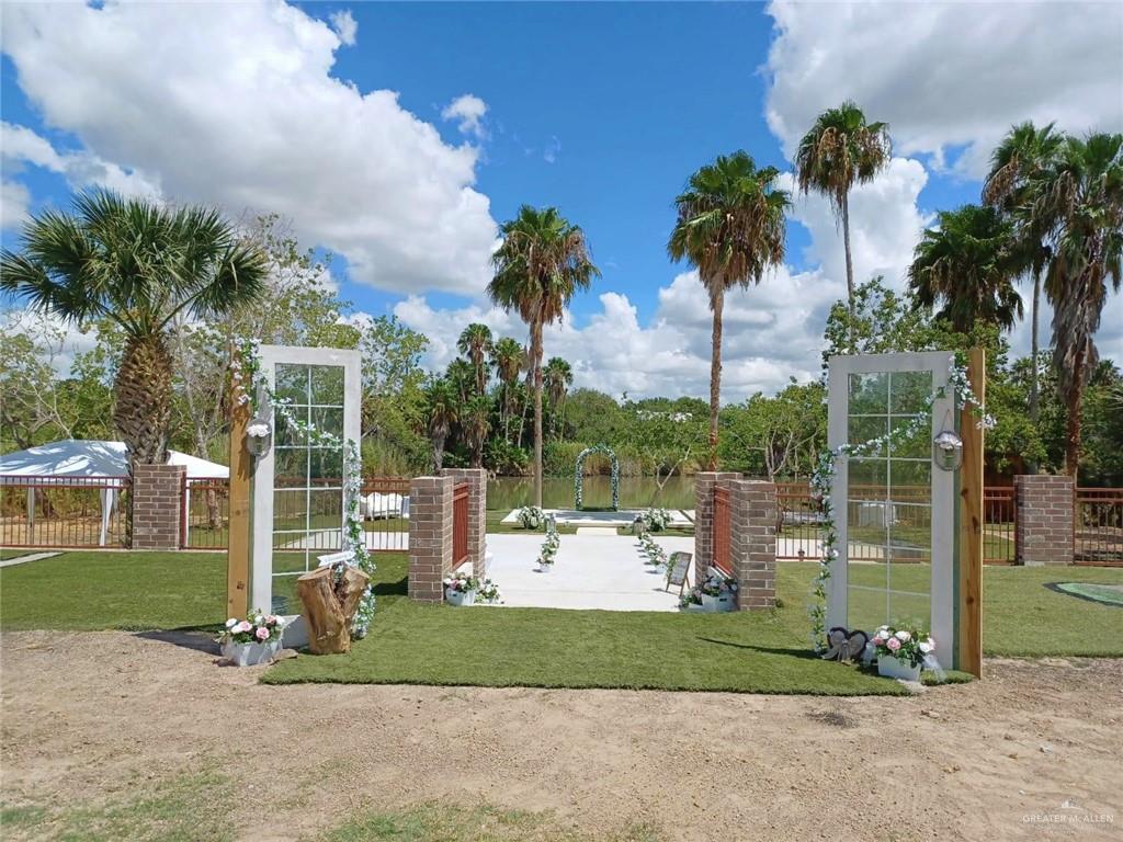 a garden view with a fountain