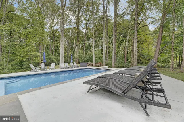 a view of swimming pool with chairs and trees