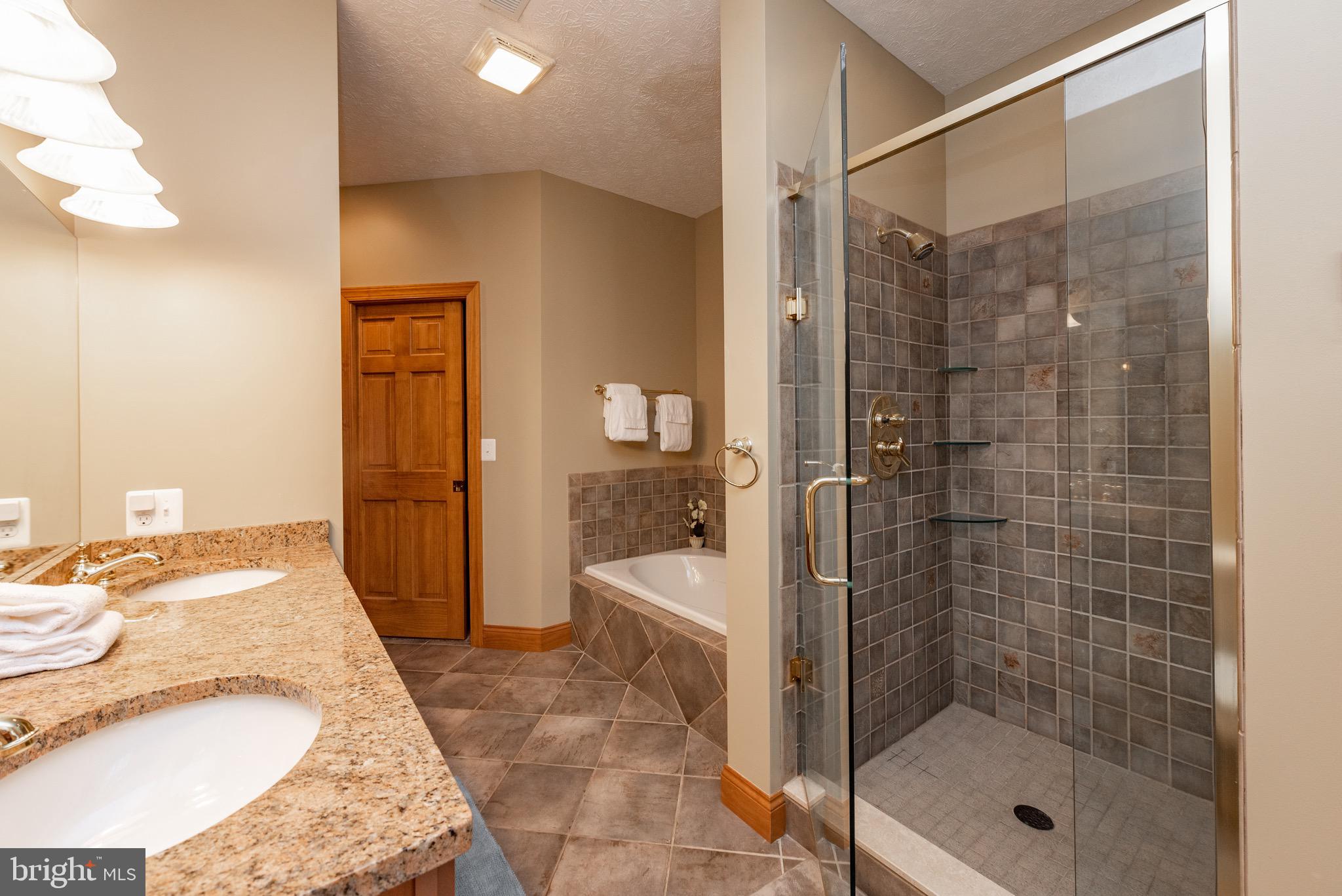 38 Parkside Court North McHenry, MD 21541 - Photo 31 of 60 a bathroom with a granite countertop shower a mirror and a sink