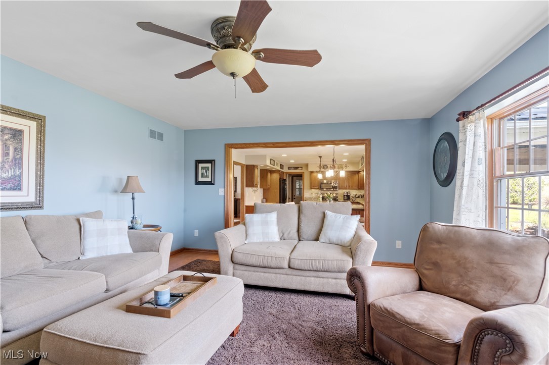 7285 South Raccoon Road Canfield, OH 44406 - Photo 14 of 46 Living room featuring a chandelier, ceiling fan, and baseboards