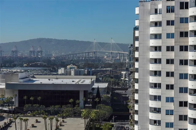 a city view with tall buildings