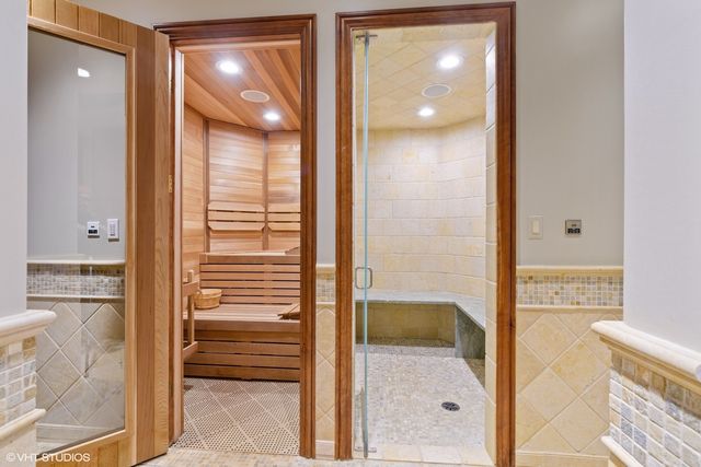 a view of a park with large trees