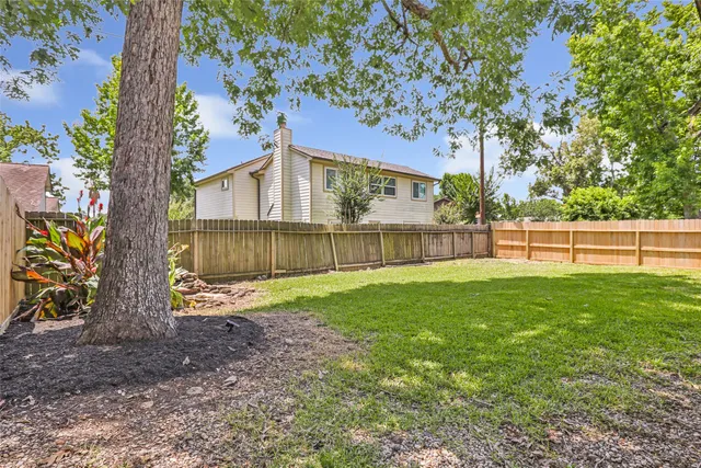 a view of a backyard with a tree