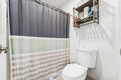 a white toilet sitting next to a shower curtain