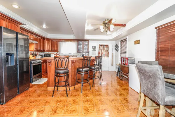 a view of a dining room with furniture