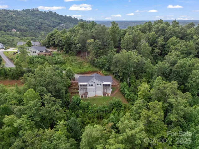 an aerial view of a house with a yard and a large tree