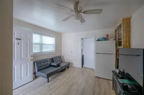 a room with storage and window