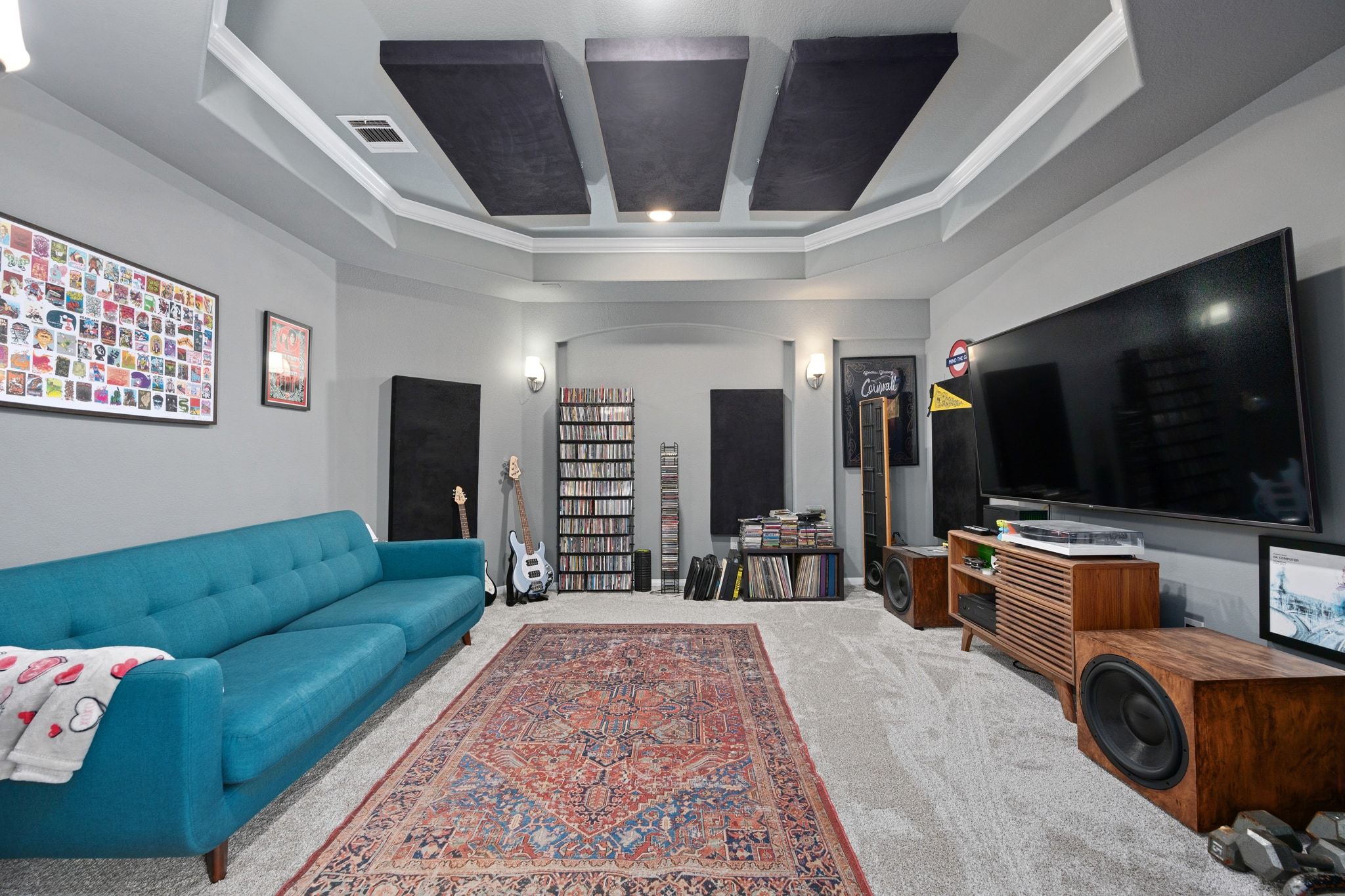 304 Wavy Cattail Cove Georgetown, TX 78626 - Photo 23 of 29 Living area featuring carpet floors, coffered ceiling, and ornamental molding