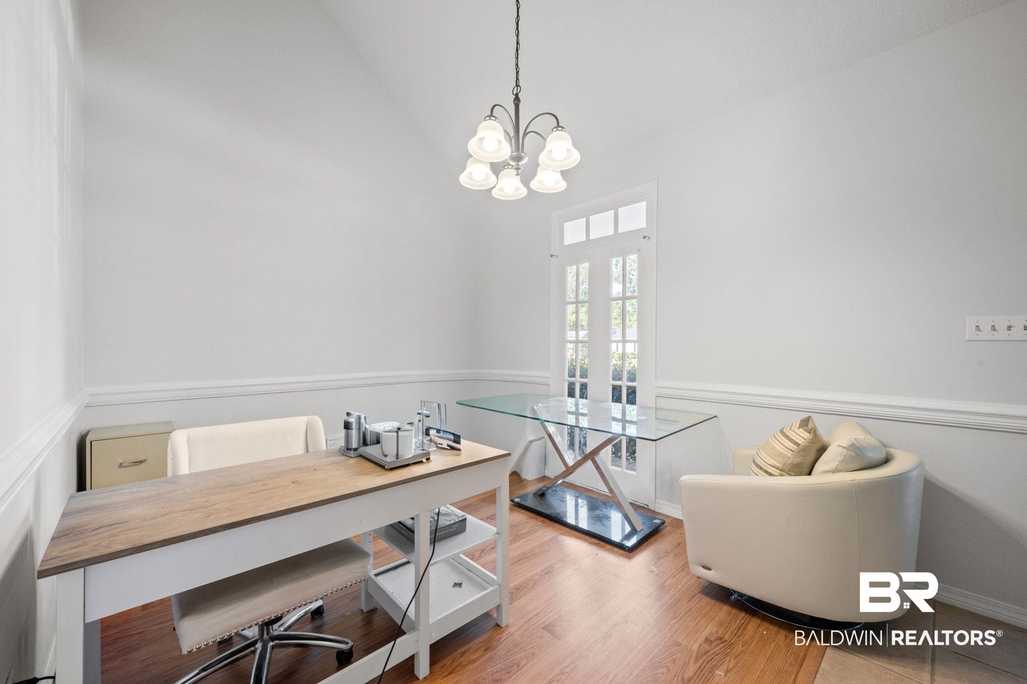 6705 Autumn Ridge Drive Mobile, AL 36695 - Photo 11 of 24 Office area with a notable chandelier, vaulted ceiling, and hardwood / wood-style flooring