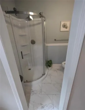 a bathroom with a shower and toilet