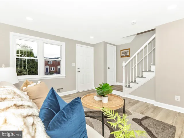 a living room with furniture and a potted plant