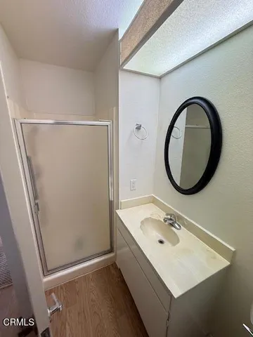 a bathroom with a sink a mirror and a shower