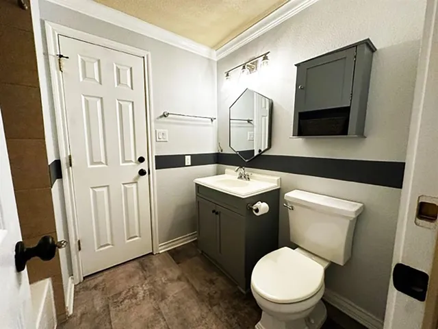 a bathroom with a toilet a sink and mirror