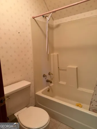 a bathroom with a toilet and a bathtub