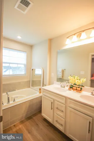 a bathroom with a tub a sink and mirror