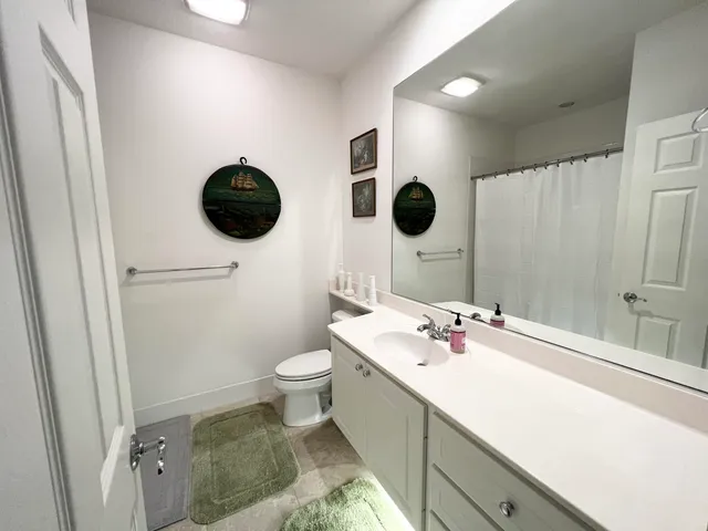 a bathroom with a sink a toilet a mirror and shower