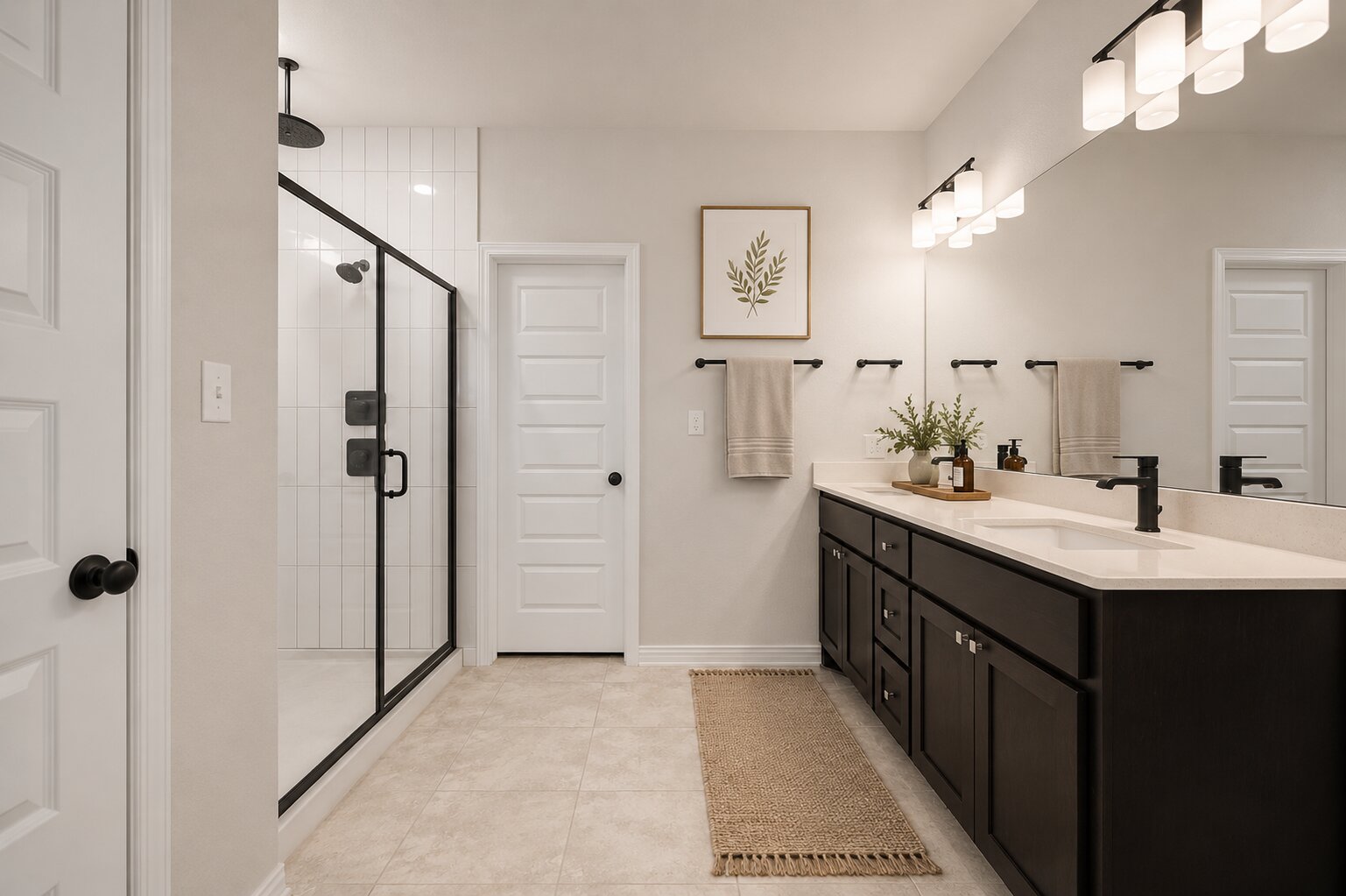 265 Fawn Riv Run Kyle, TX 78640 - Photo 15 of 39 Clean lines and a dark vanity define this modern bathroom with a glass-enclosed shower.