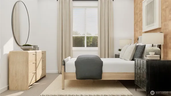 a bedroom with a bed a mirror and a window