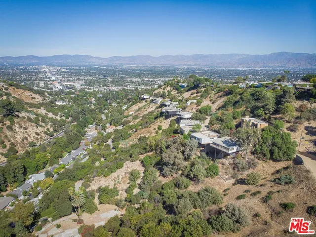 a view of a dry yard with trees and bushes