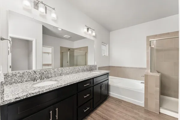 a bathroom with a granite countertop bathtub sink double and mirror