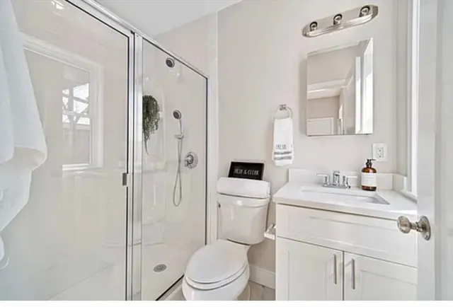 a bathroom with a toilet sink vanity and shower