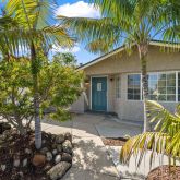 a yellow house with a palm tree in front of it