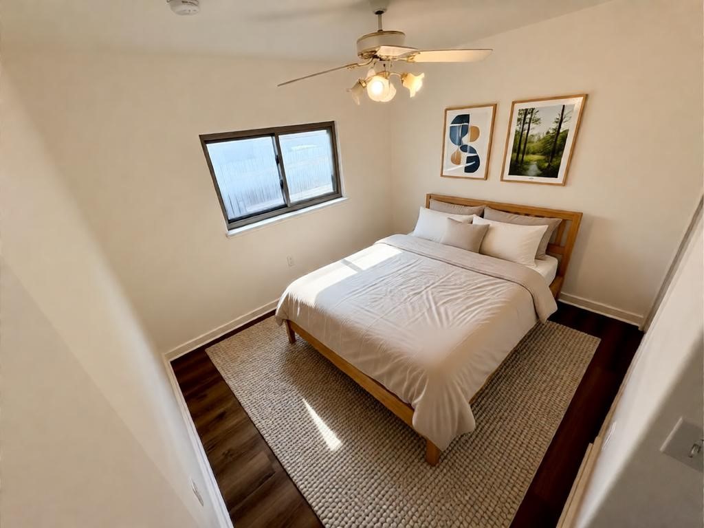 8003 Bannock Lane Austin, TX 78747 - Photo 27 of 40 Room with light-colored walls and dark flooring, featuring a window and a ceiling fan