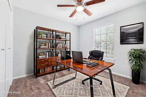 a workspace with a bookshelf